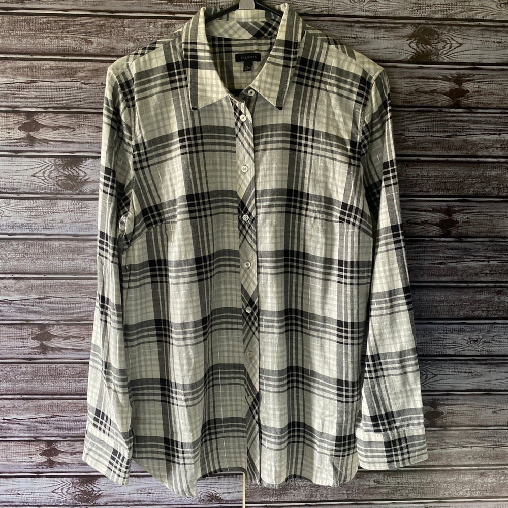 Talbots Women's Long-Sleeved Button-Down Top Size L‎ Black White Gray Plaid